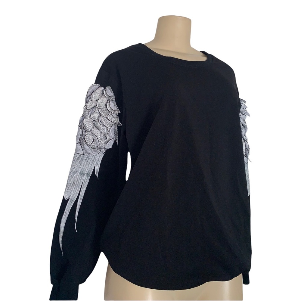 Angel Wing Oversized Stretch Pullover Sweatshirt Blouse Ribbed Waist Silver Leaf